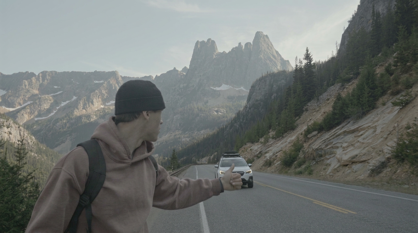 Flat log frame of a hitchhiker on a North Cascades mountain highway