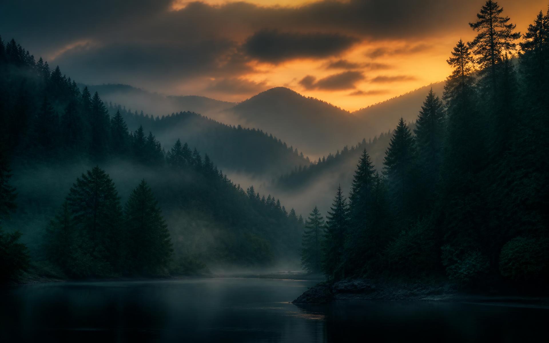 Misty evergreen ridges over a still river at twilight in the Pacific Northwest